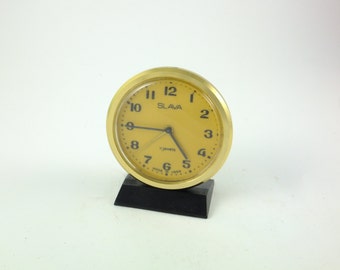 WORKING !!! Vintage Russian Mechanical Alarm Clock Slava from Soviet Union Period 11 Jewels Black Golden Toned, CCCP