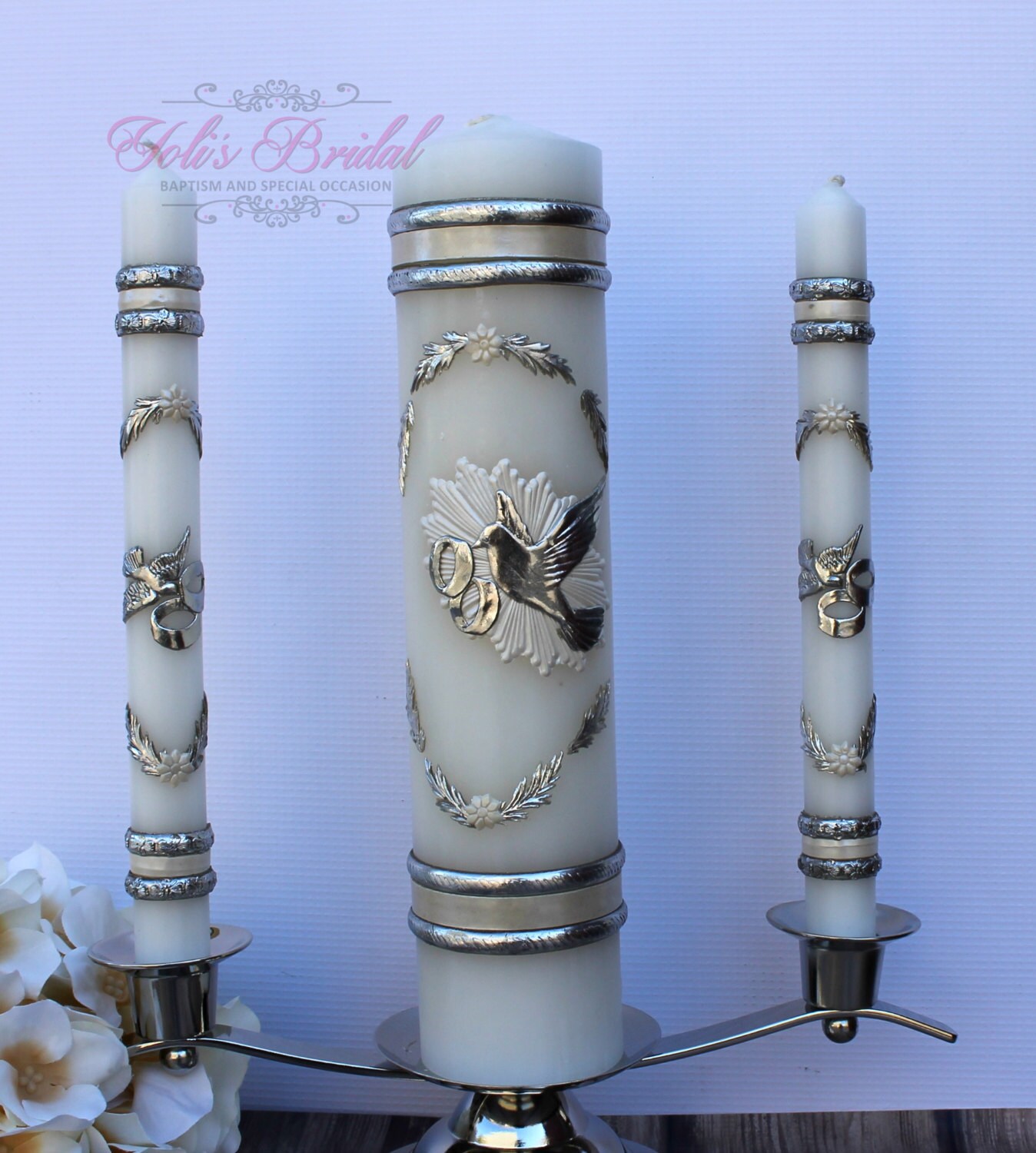 FAST SHIPPING Beautiful Silver Unity Candle Set with Silver