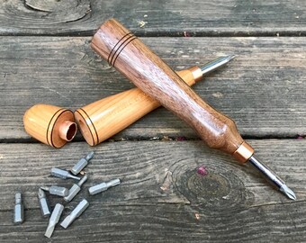 Handmade, custom, turned wooden screwdriver with 10 driver bits