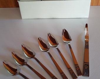 Vintage 1970s 7 Piece Grapefruit Fork and Knife Set in Original Box