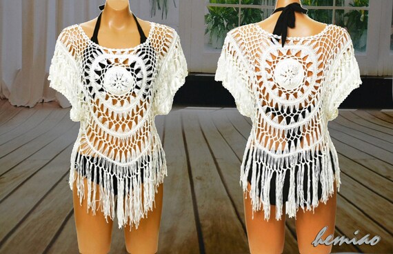 HUGE SALE Crochet beach top, Boho Fringe Top,crochet beach swimwear cover up,bikini cover up,bohemian top, Womens Blouse,women crochet top
