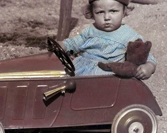 French Boy Girard in His Auto Car with Teddy Bear Tinted Vintage Photo Print