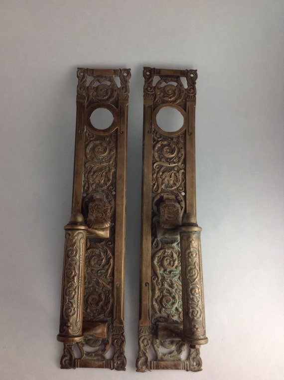 Large Antique Door Double Door Plate Entry Handles With Thumb Push Large Antique Door Double Door Plate Entry Handles with Thumb Push 1870 era Brass ? Bronze Architectural Salvage Fox Detail from SheWhoPlaysWithGlass on ... - Large Antique Door Double Door Plate Entry Handles With Thumb Push