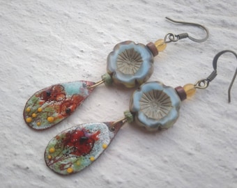 Poppies on enameled copper - small earrings