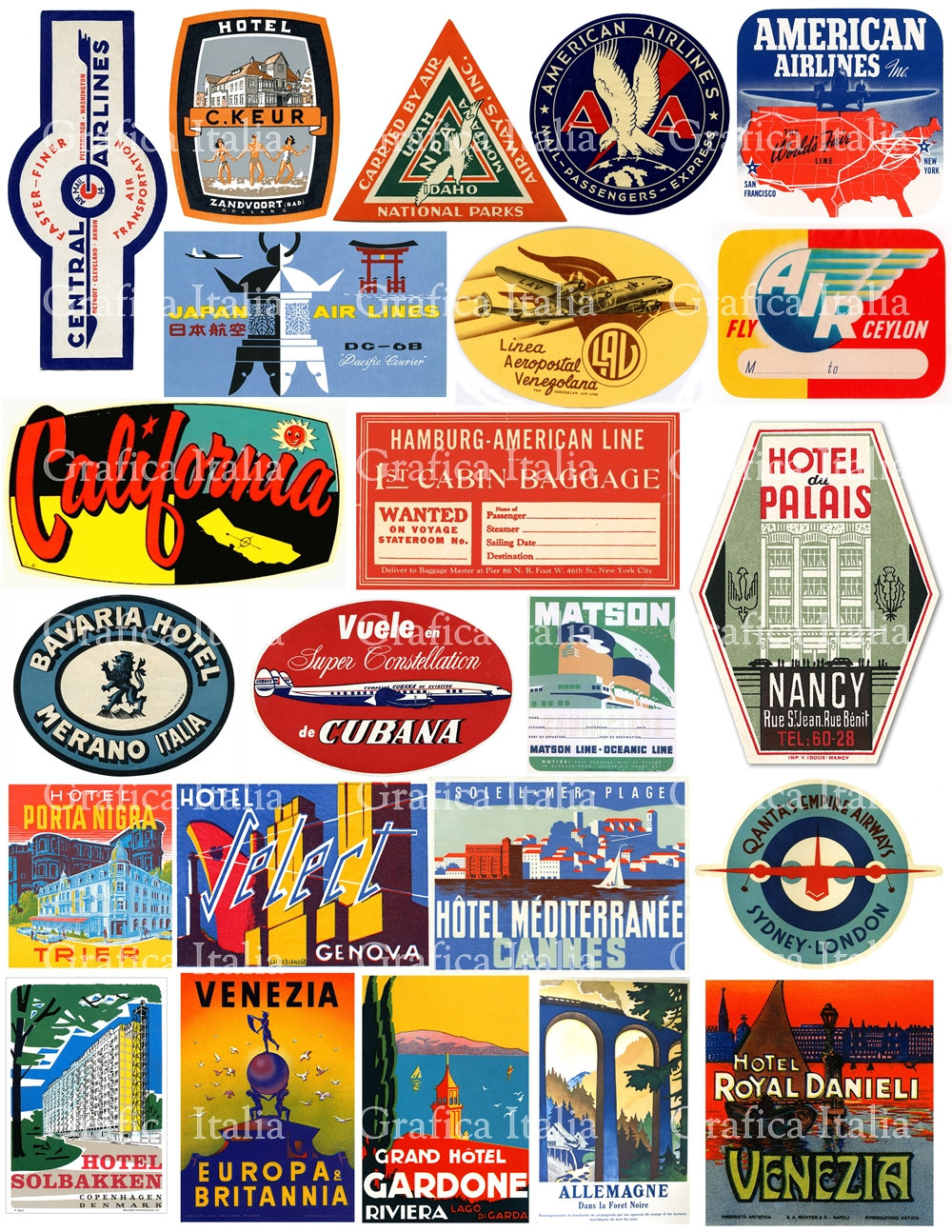 Travel Luggage Labels Clipart - Retro Digital Printable ...