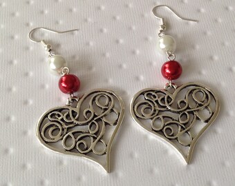 Heart Earrings with two purple and Red enamel beads