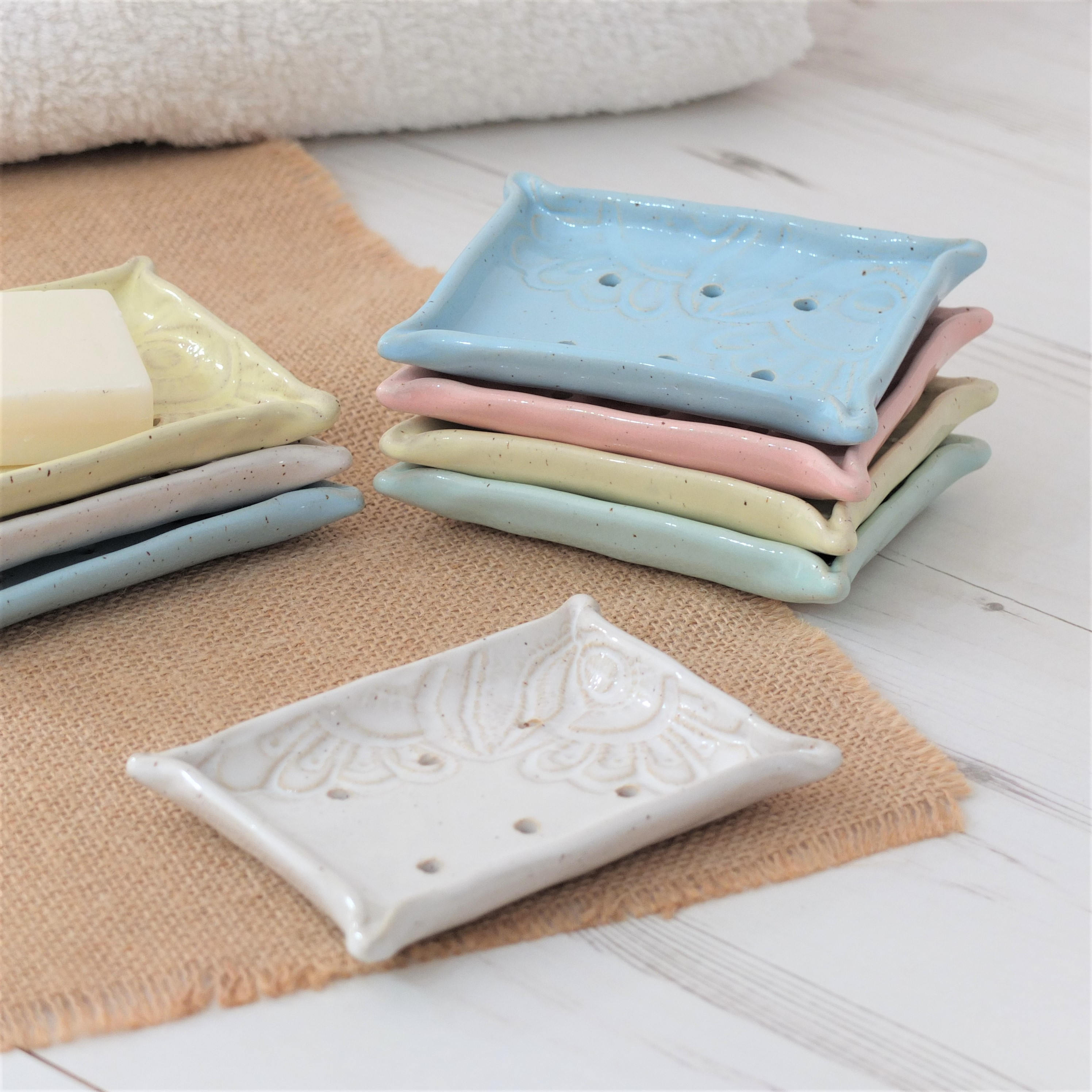 Handmade ceramic soap dish vintage lace pastels bathroom