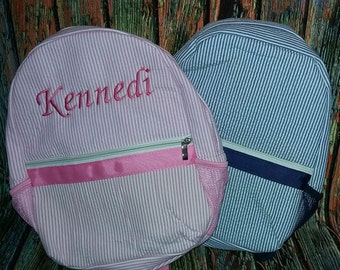Monogrammed Toddler Seersucker backpack, seersucker toddler backpack, toddler seersucker school bag