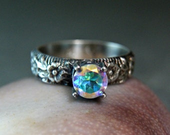 Opalescent Topaz Gemstone Stacking Ring, Sterling Silver Jewelry, Solitaire Stacking Ring