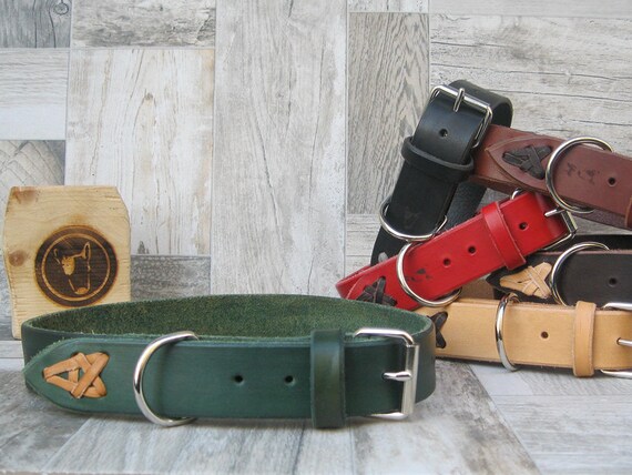 Green Leather Dog Collar, Classic Dog Collar for Medium and Large Sizes, Colorful Dog collar, Handmade Dog Collar, Durable Strong Dog Collar