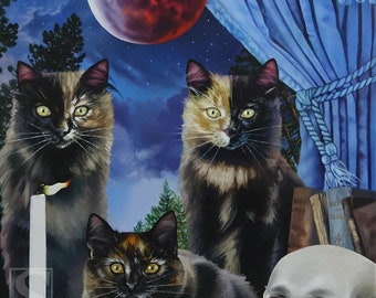 Magical Moon Cats Original Oil Painting by Susan Van Sant 16x20 cat skull magical moon art