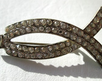 Vintage Clear Rhinestone Brooch Pin Art Deco Jesus Fish Ichthys Silver Tone C Catch