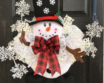 Snowman character wreath- Christmas deco mesh wreath- Holiday Wreath- Christmas front door wreath