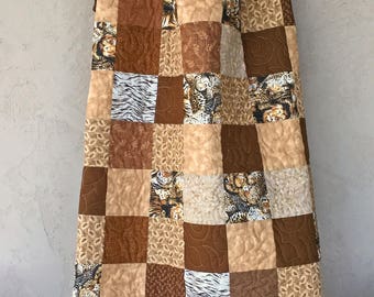 Tan and Brown Throw Quilt, Brown Lap Quilt, Earth Tone Quilt, Masculine Quilt, Handmade Quilt, Quilt for Sale