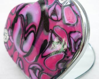Miroir de poche polymère forme coeur tons rose et noir