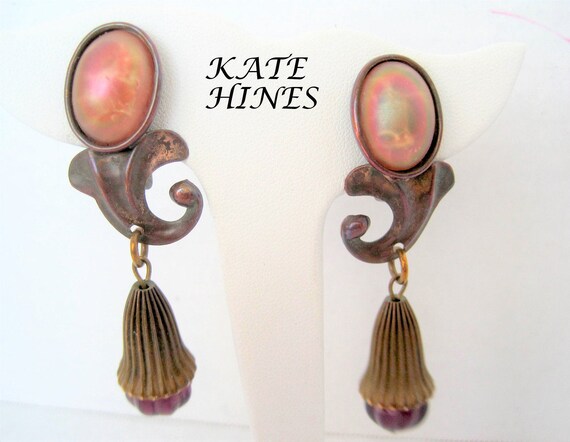 Kate Hines Earrings, Modernist Mixed Metal, Glass Base, Clip Ons - Designer Earrings