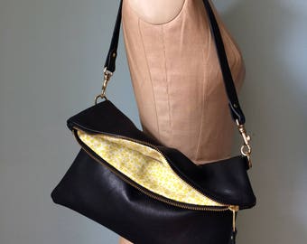 Black leather clutch, leather foldover clutch purse, black evening handbag