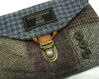 Clutch, Purse Made From Recycled Suit Coat, Blue Houndstooth wool,Eco Friendly