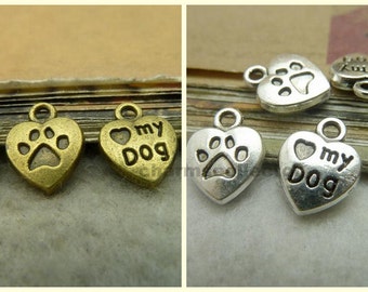 50PCS heart shaped love my dog charm pendant carved paw back 10x13mm antique silver or antique bronze as your choice
