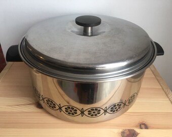Vintage Ekco 6 qt 6 quart Pasta Pot 3-Ply Stainless Steel Stockpot stock pot large Black Floral Border midcentury mid-century mid century