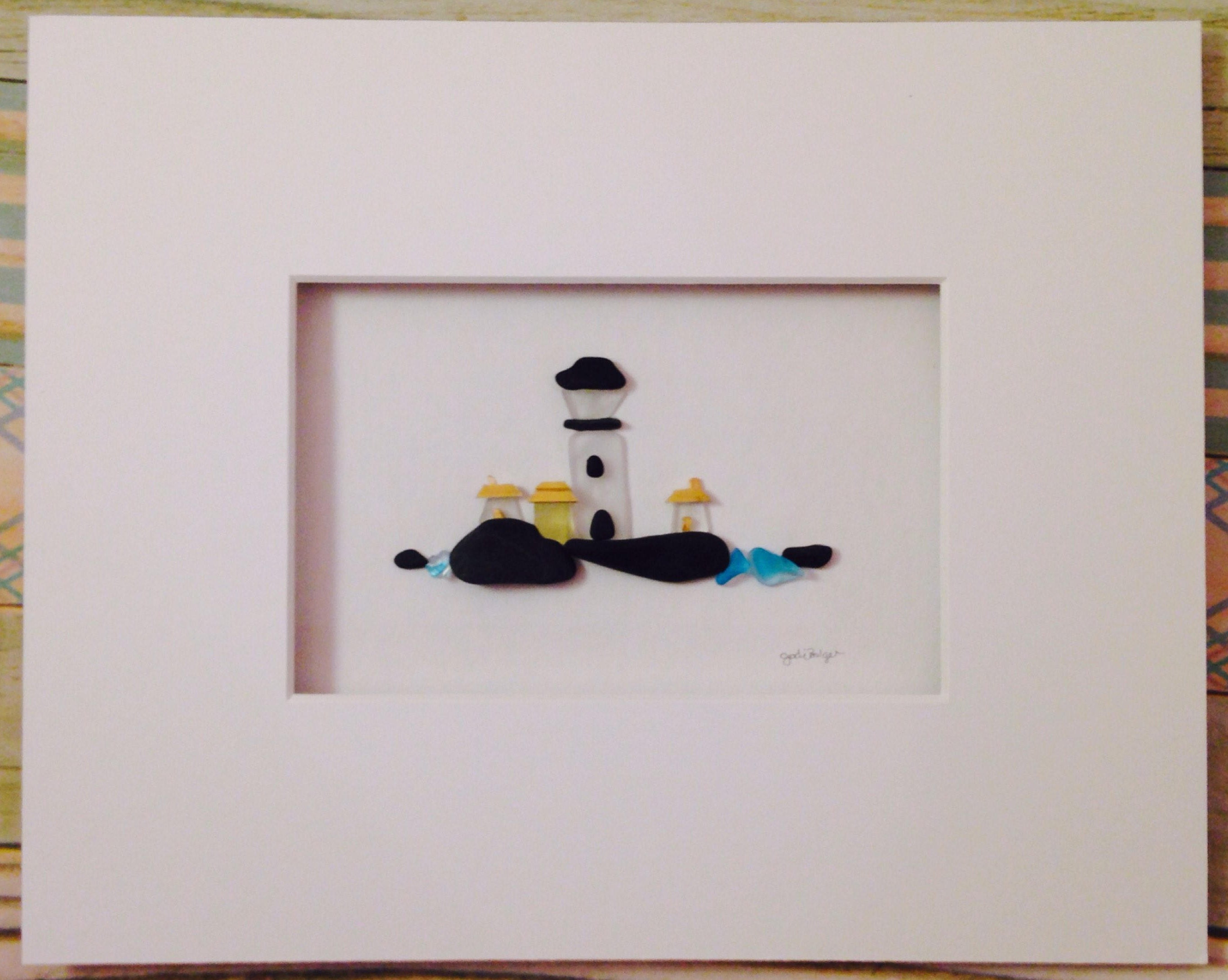 Sea Glass Lighthouse Art Pebble And Wall Village Houses 8 X 10 Framed Sea Glass Lighthouse Art Pebble And Wall Village Houses 8 X 10 Framed