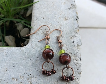 Tiger's Eye Drop Earrings..Tiger eye earrings / Tiger's eye copper earrings / Tiger's eye earrings / Gemstone earrings / Brown boho earrings