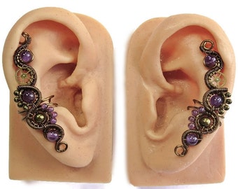 Amethyst & Bronze Steampunk Ear Cuffs - Steampunk Jewelry