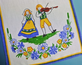 Swedish retro vintage 1970s small printed blue/yellow/green linen Lini Textil Ann-Sofie design tabelcloth runner w folkdance couples motive