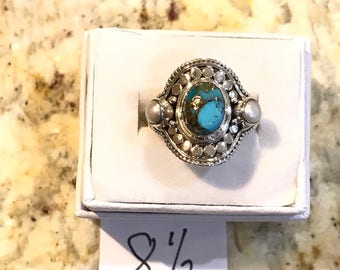 Blue Turquoise and Pearl Ring Size 8 1/2