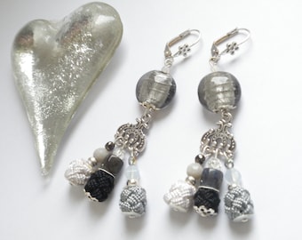 Gray and white Moroccan aakads and glass bead earrings