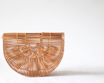 Bamboo Wood Slat Spring Summer Purse, Handbag, Vintage 70s