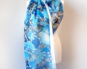 Hortensia scarf - silk scarf Hydrangea scarf - hand painted scarf - blue scarf - silk scarves blue kimono scarf - flower scarf - long scarf