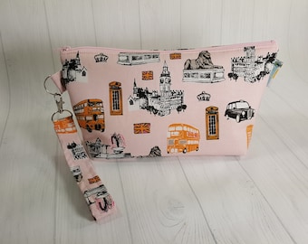 Small Knitting Project Bag, London Icons on Pink, Zippered Wedge Bag, Zipper Knitting Bag, Cosmetic Bag WS0083