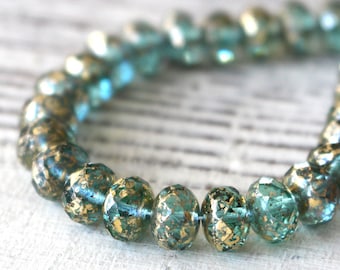 9x6mm Rondelle Beads - Czech Glass Beads For Jewelry Making Supplies - Green Aqua With Antique Gold Finish (10 or 25 bead strand) 6x9mm