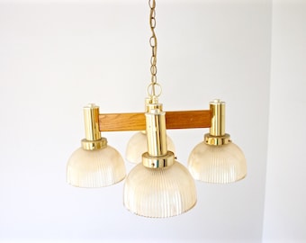 Mid Century Atomic Chandelier - Wood and Brass Glass Globe Chandelier - Ceiling Light - Pendant