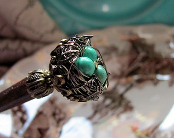 Secret Garden Victorian Wire Wrapped Robin's Nest Beaded Wood Hair Stick or Shawl Pin
