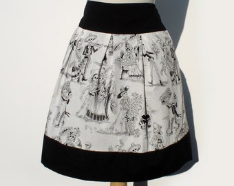 Black and White Catrina Skulls Day of the Dead Skirt