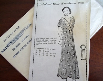 Original Antique 1930's Sewing Pattern Mail Order Sz 38 Bust Wrap Dress