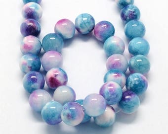 Blue and Pink Multicolor Jade Beads, 10mm Round- 15.5 Inch Strand - eMCJ-X19-10