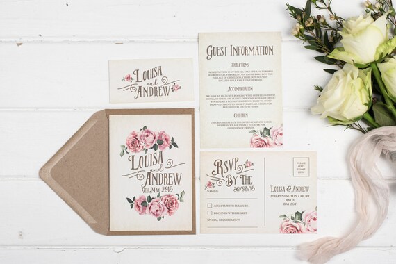 Rustic Wedding Invitation Set - A6 Ivory Rustic Rose
