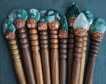 Hairstick Wood Clay Stones / Pic à cheveux en bois argile et pierre semi-precieuses