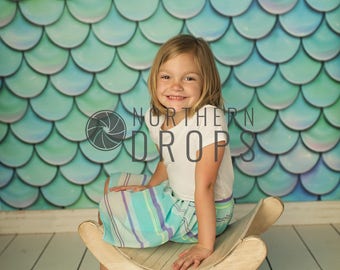 Photography Backdrop - FISH SCALES - Aqua - Mermaid Fish Scale printed backdrop - 5ft x 5ft and 6ft photo backdrop - Fish scale background