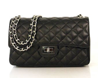 Designer Inspired Pure Italian Leather Quilted Handbag in Black with Silver Interwoven Chain