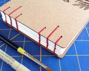 Poppy Sketchbook with Laser Engraved covers and watercolor paper - lays flat - gift for an artist or gardener
