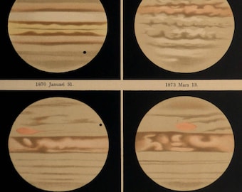 1888.Astronomy.Antique print.Images of JUPITER in different years..,8.6x12.3 ins. or 22x31,5 cm. Chromolithograph.Antique astronomy.