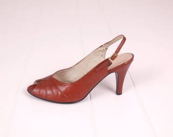 70s Heels || Leather Shoes || Dance Shoes || Brown Leather Heels || 70s Slingbacks || Size 7.5 Shoes