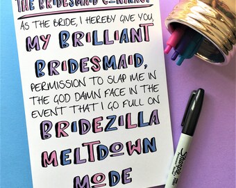Funny Bridesmaid Card, Be My Bridesmaid Card, Bridesmaid Card, Wedding Card, Funny Wedding Card, Bridezilla Card, Bridezilla Bridesmaid Card