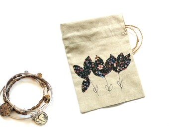 Linen gift bags, drawstring pouch, jewelry favor bag Happy Birthday, travel bag, bracelet bag gift for her