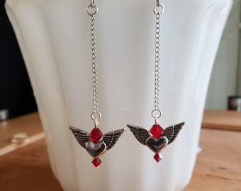 Hearts in flight drop dangle silver and red earrings. Valentine gift.
