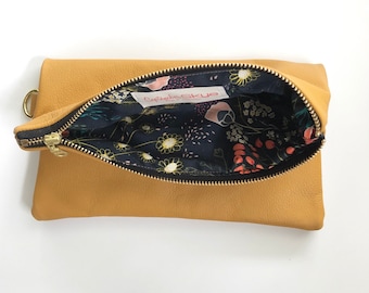 Ready to ship! Mustard yellow genuine leather foldover clutch with floral interior